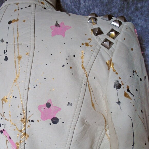 White Moto Jacket Celestial Pink Stars, Vegan Leather, Studs, Wearable Art - Picture 8 of 16